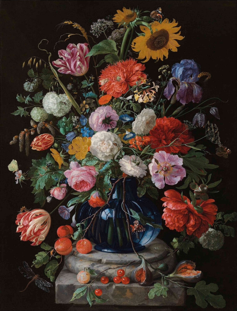 17世纪荷兰艺术家扬.戴维兹.德.海姆（Jan Davidsz. de Heem，约1606-1684）的花卉与静物。作为荷兰及弗拉芒巴洛克绘画流派的代表画家，简.戴维兹的花卉静物画有着鲜亮的色泽、丰富的色彩、细节及明暗对比，除了花卉静物，他还绘制水果静物、虚空画等。他的才华在当时为他赢得了很大的声誉，荷兰国立博物馆、华盛顿国家美术馆、比利时皇家美术博物馆等都有收藏他的画作。