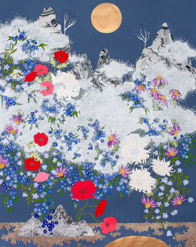 
加拿大华裔艺术家 Crystal Liu 的《Our Place》系列 融合了一贯的花卉、假山和月亮元素，靛青色布满了画面，有时是天空，有时又是作为地面上的池塘。Liu 使用大理石纸和黑色墨水模仿了大理石的质感，来表现石头和土…