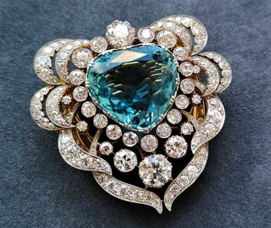 海蓝宝石胸针 钻石 白金 爱德华时代 Edwardian brooch 