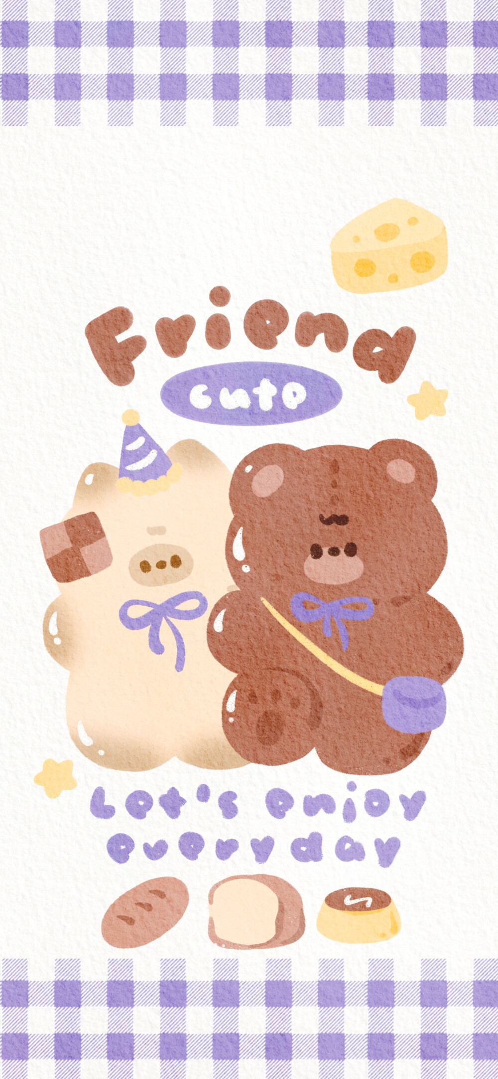 香芋紫奶油小熊玫瑰花朵壁纸