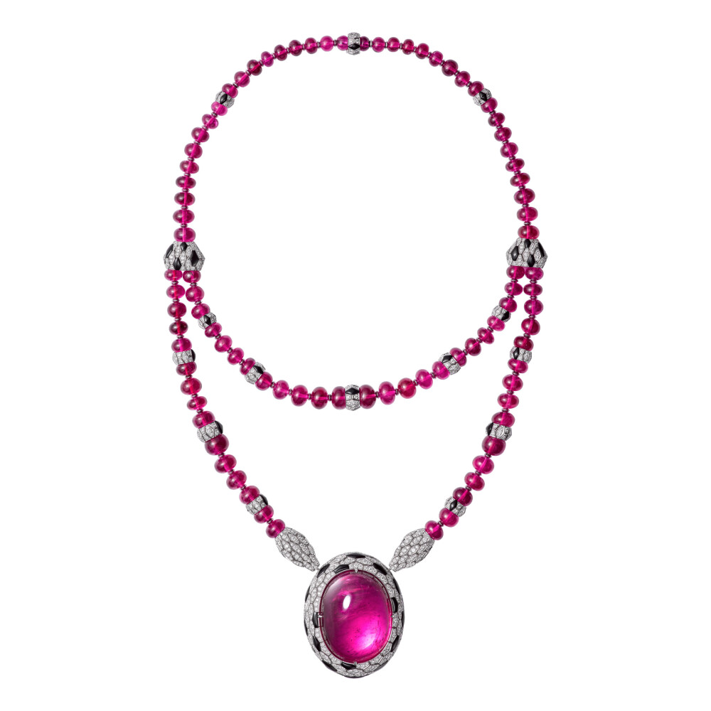 Cartier 卡地亚 Résonances de Cartier系列 红碧玺吊坠项链 卢比来 钻石 缟玛瑙 白金 蛇 rubellite necklace