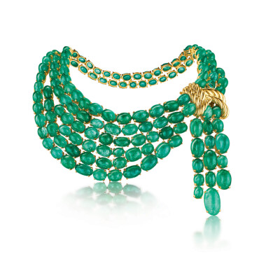 Verdura 佛杜拉 祖母绿项链 黄金 scarf necklace with cabochon emeralds set in yellow gold cabochon