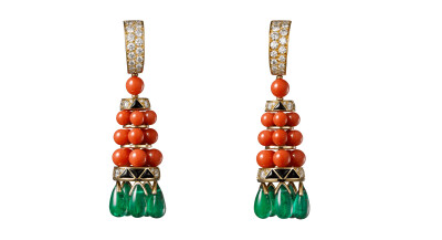 Cartier 卡地亚 Résonances de Cartier系列 流苏耳坠 黄金 珊瑚 祖母绿 缟玛瑙 钻石 tassel earrings in yellow gold, coral, emeralds, onyx, diamonds