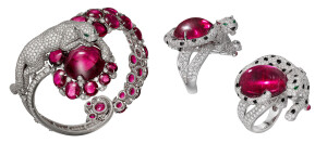 Cartier 卡地亚 Résonances de Cartier系列 红碧玺戒指 手镯 猎豹 钻石 白金  bracelet and ring with cabochon rubellites