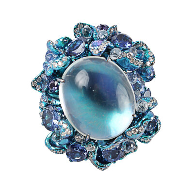 印度珠宝设计师 Arunashi 蓝色月光石戒指 蓝宝石 钻石 白金 moonstone ring with sapphires and diamonds set in titanium