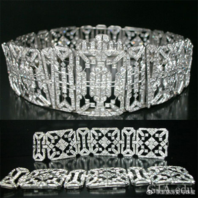 Brabourne Tiara 英国第5代布雷伯恩男爵夫人多琳的钻石王冠，大约制造于1925年，王冠造型是时兴的Art Deco风格几何款式，主体是一颗老式切割的枕形钻石吊坠和四瓣钻石花簇，主体部分可以拆卸成胸针，整顶王冠也可以…