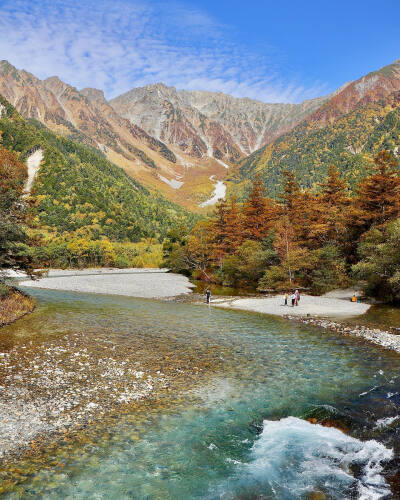 日本 長野県 北アルプス 中部山岳国立公園 秋色上高地 清流梓川と穂高連峰