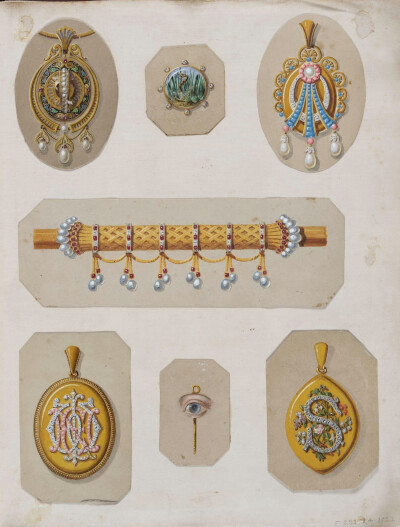 维多利亚时代珠宝设计师约翰.奥克瑟（ John James Oxer）的珠宝设计手稿，现收藏于维多利亚与阿尔伯特博物馆。奥克瑟主要活跃于19世纪下半叶，我们可以在手稿中看到文艺复兴、古希腊罗马、都铎时代的元素，也就是当…