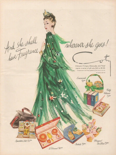 科蒂（Coty）彩妆和香水在1940-1950年代圣诞节时期的广告。 ​​​