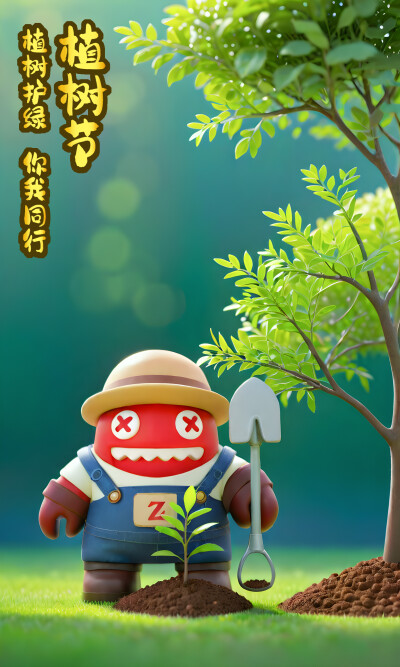 【魔鬼猫海报-植树节】#园丁 种树 树苗 AI绘画 IP 动漫 魔性 zombiescat