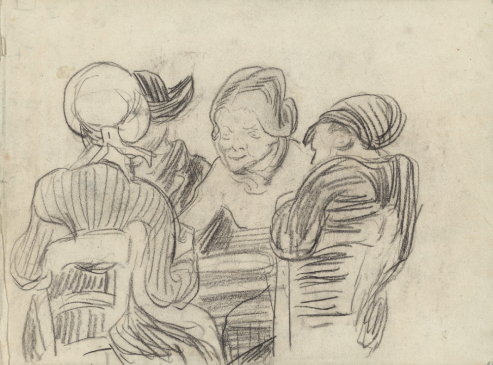 Study of a Head and Figures Around a Table,
March-July 1890,chalk, pencil, on paper,
pasted to an endpaper,24.3x64.5cm
