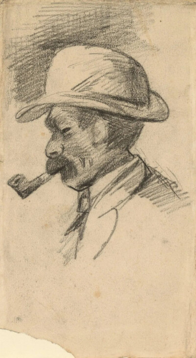 Head of a Man with Hat and Pipe,February-June 1886,chalk on paper,10.9x19.8cm