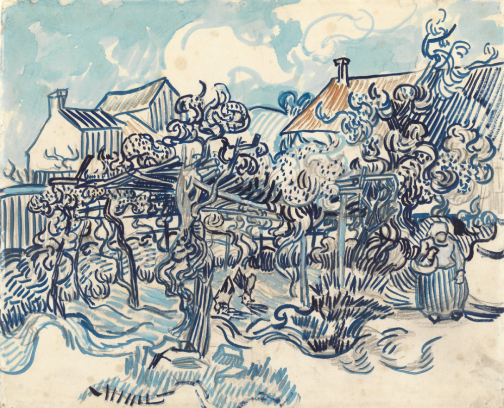 Old Vineyard with Peasant Woman,May 1890,pencil, brush and oil paint and watercolour, 
on paper,44.3x54.0cm
