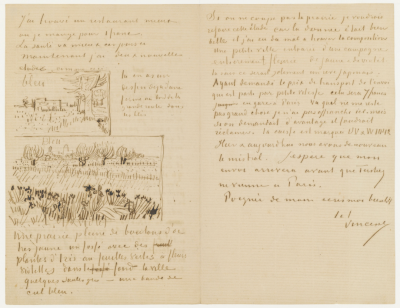 Letter from Vincent van Gogh to Theo van Gogh with sketches of Farmhouse in a Wheatfield and View of Arles with Irises in the Foreground,12 May 1888,pen and ink on paper,20.3x26.4cm
