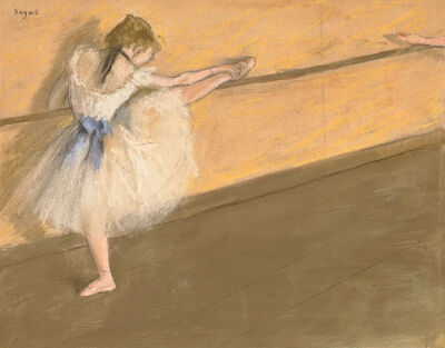 Danseuse à la barre,1877,Gouache, pastel and pencil on paper laid down on artist's mount,17.8x22.6cm
