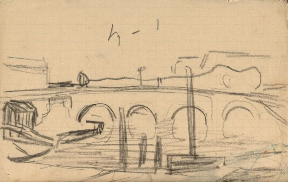 City View with Bridge,May or July 1890,chalk on paper,13.4x8.5cm