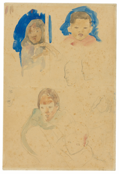 Sketches of Children, a Woman, and Profiles,1891-93,Graphite and blue gouache, with pen and pale yellow ink (originally purple) and watercolor,32×21.7cm