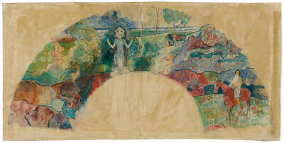 Design for a Fan Featuring a Landscape and a Statue of the Goddess Hina,1900–1903,Watercolor and gouache,with touches of pen and black ink,over traces of graphite,on cream Japanese paper,20.8×41.7cm