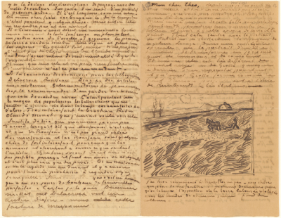 Sheet 1 of a letter from Vincent van Gogh to Theo van Gogh with sketch of Field with a Ploughman (recto),2 September 1889,pen and ink on paper,20.7x26.6cm