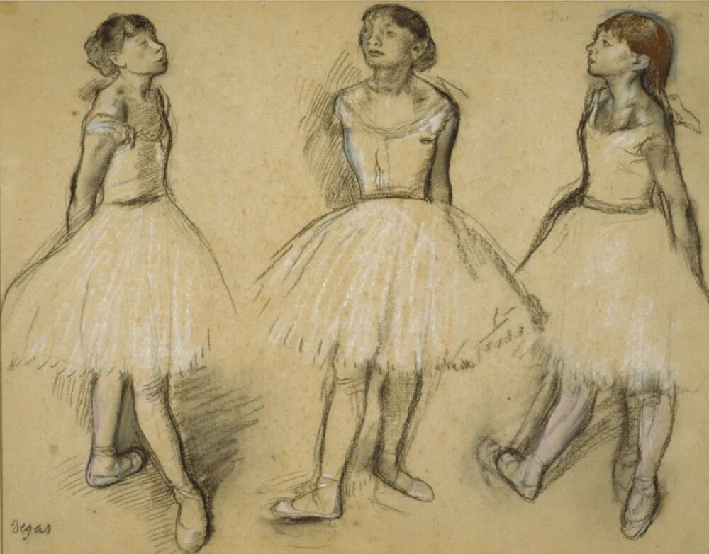 Three Studies of a Dancer in Fourth Position,1879–1880,Charcoal and pastel with stumping, and touches of brush and black wash, on grayish-tan laid paper with blue fibers, laid down on gray wove paper,48×61.6cm