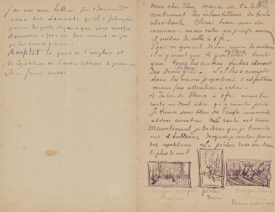 Letter from Vincent van Gogh to Theo van Gogh with sketches of Three Orchards (recto),13 April 1888,pen and ink on paper,21x27.1cm