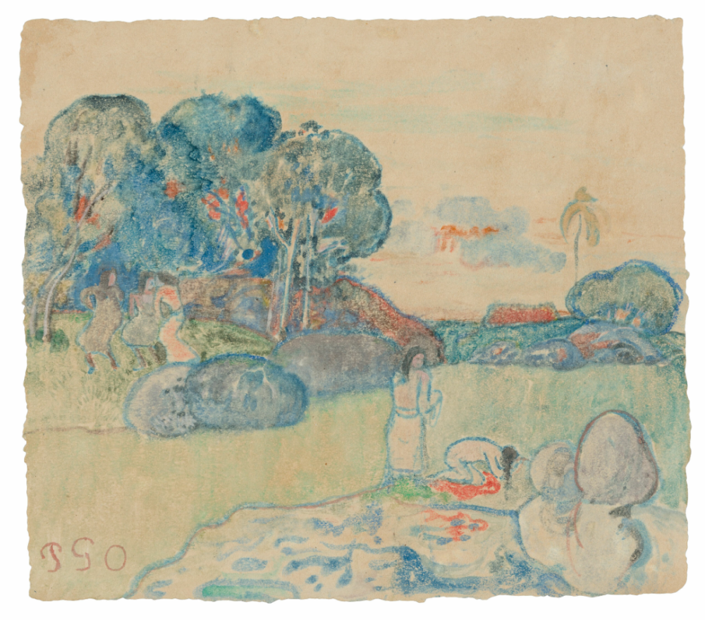 Tahitian Landscape,1894,Watercolor monotype from a glass matrix, with touches of gouache on cream wove paper laid down on ivory Japanese paper,21.7×24.7cm