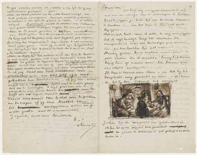 Letter from Vincent van Gogh to Theo van Gogh with sketch of The Potato Eaters (recto),9 April 1885,pen and ink on paper, 20.7x26.4cm