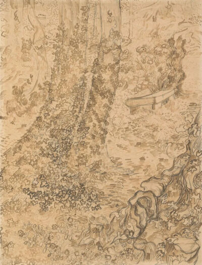 Trees with Ivy in the Garden of the Asylum,June-July 1889,pencil, reed pen and pen and ink, on paper,62.3x47.1cm