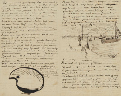 Sheet 2 of a letter from Vincent van Gogh to Theo van Gogh with sketches of Fishing Boats on the Beach and Rooftops,July1882,pencil, pen and ink, watercolour, on paper,21x13.3cm
