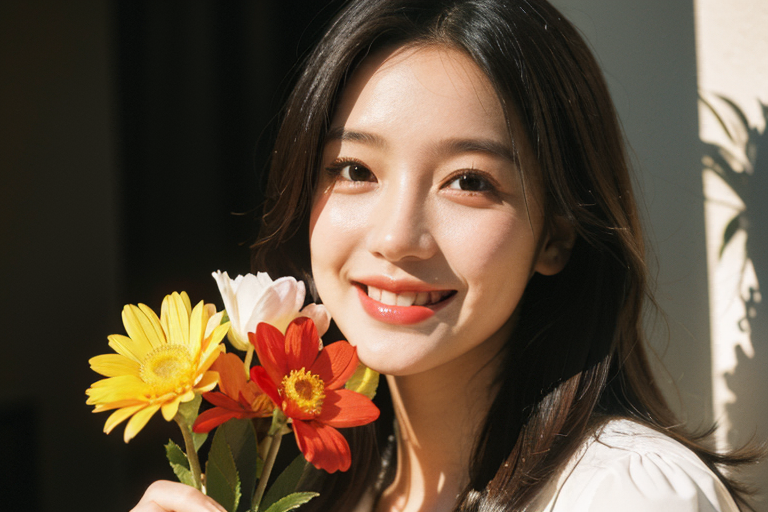 女生捧花，氛围感，笑容，温暖，治愈，气质