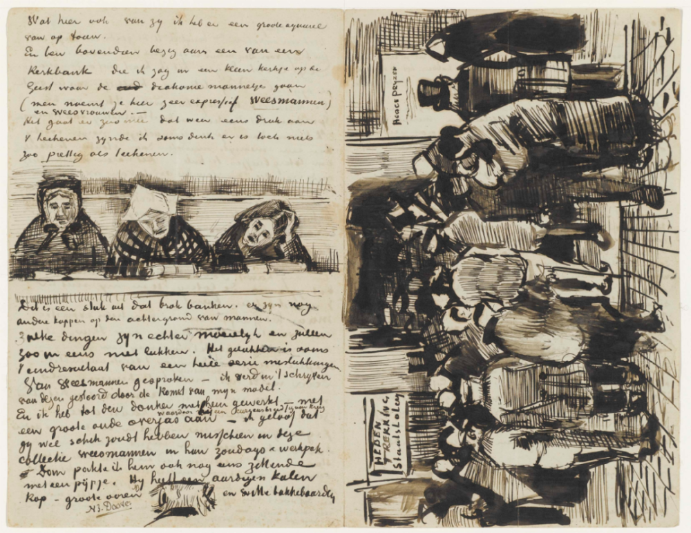 Letter to Theo van Gogh with sketches of Church Pew with Worshippers, Back of the Head of an Orphan Man and The Poor and Money,1 October 1882,pen and ink on paper,21.1x27.4cm