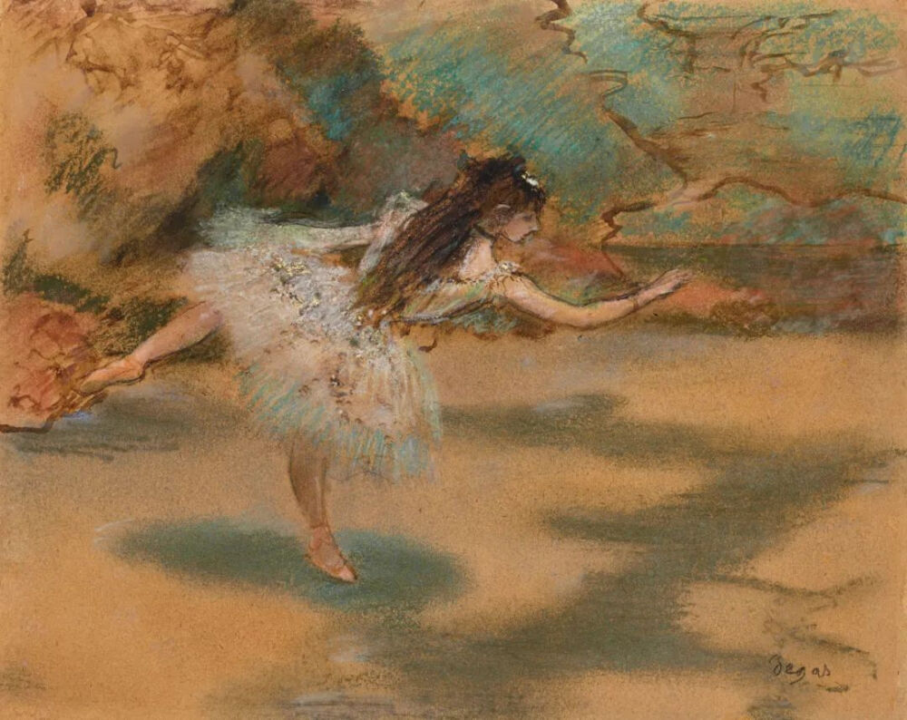 Danseuse sur une pointe,1877,Pastel and pen and brush and sepia ink over pencil on paper laid down on card,17x21cm