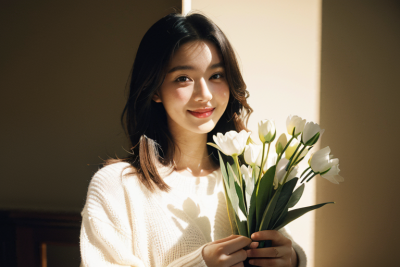 女生捧花，氛围感，笑容，温暖，治愈，气质