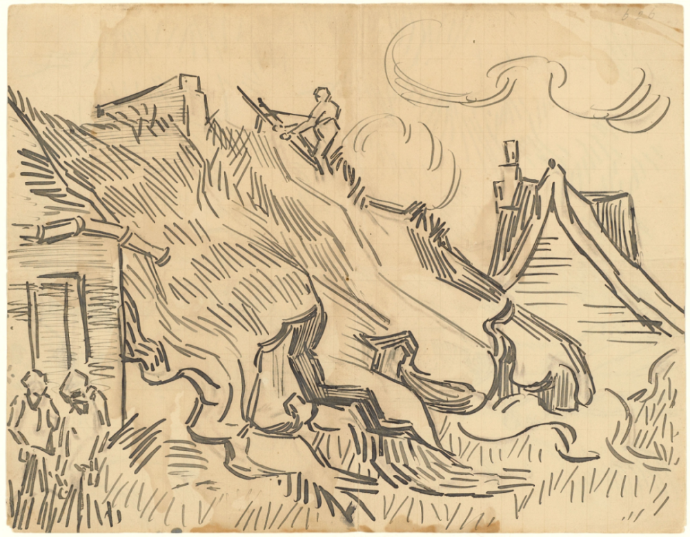 Sheet 3 of a letter from Vincent van Gogh to Theo van Gogh with sketches of Thatched Cottages and Figures (recto),23 July 1890,pen and ink on paper,17x21.7cm