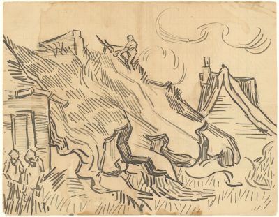 Sheet 3 of a letter from Vincent van Gogh to Theo van Gogh with sketches of Thatched Cottages and Figures (recto),23 July 1890,pen and ink on paper,17x21.7cm