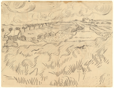 Sheet 3 of a letter from Vincent van Gogh to Theo van Gogh with sketches of Thatched Cottages and Figures (verso),23 July 1890,pen and ink on paper,17x21.7cm