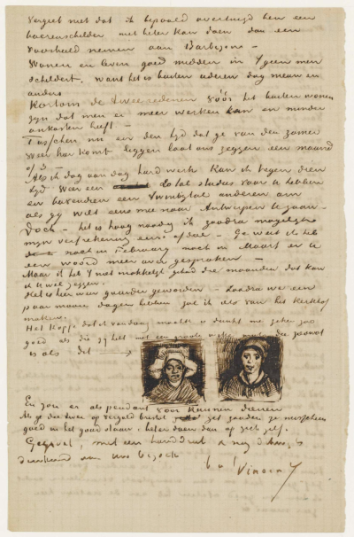 Letter from Vincent van Gogh to Theo van Gogh with sketches of Head of a Woman and Head of a Woman (verso),4 April 1885,pen and ink on paper, 21x13.5cm