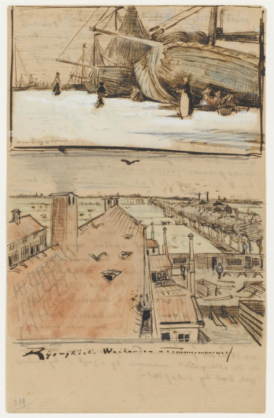 Sheet 2 of a letter from Vincent van Gogh to Theo van Gogh with sketches of Fishing Boats on the Beach and Rooftops,26 July 1882,pencil,pen and ink, watercolour,on paper,21x13.3cm
