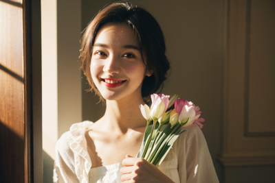 女生捧花，氛围感，笑容，温暖，治愈，气质