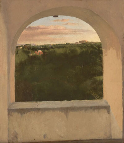 Paysage d'Italie vu par une lucarne,1856-59,Huile sur papier marouflé sur toile,36.7x32cm