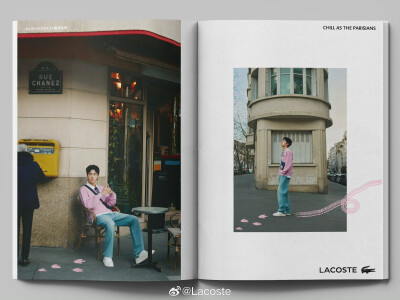 Lacoste：
#LACOSTE品牌全球代言人王一博# @UNIQ-王一博 漫游巴黎，红土之上，映现活力身姿。游走春日街头，展现法式优雅时尚，释出大片灵感。#王一博网球场自拍# ​​​