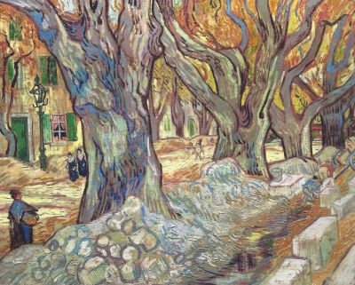 Vincent van Gogh;The Large Plane Trees ; 1889; 
Oil on fabric;73.4 x 91.8 cm (28 78 x 36 18 in); 
Van Gogh Up Close at Philadelphia Museum of Art.
