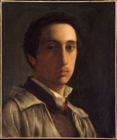 Self-Portrait;Edgar Degas (French, Paris 1834–1917 Paris);
ca. 1855–56;Oil on paper, laid down on canvas;
16 x 13 12 in. (40.6 x 34.3 cm);
Drawings;Bequest of Stephen C. Clark, 1960.
