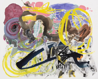 邬建安《五百笔#80》
纸本水墨、彩墨，剪纸拼贴于背绢宣纸，122cm×155cm，2021年
