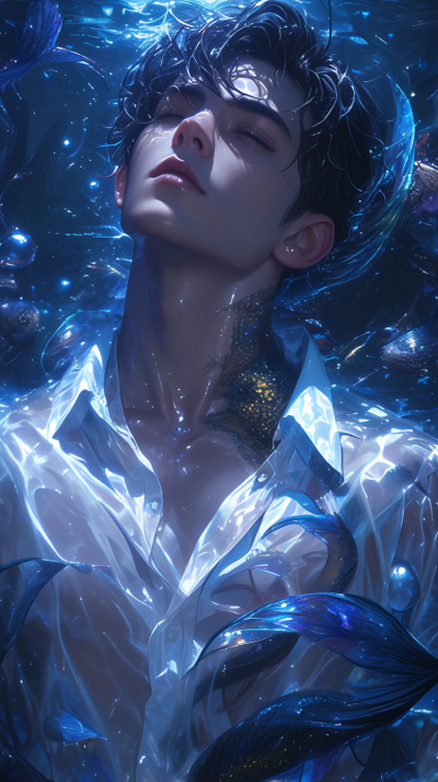 咒语分享：A handsome Asian boy, Curled up in the body, Suspended in the deep ocean, Schools of fish surround you, Beautifully lit, Fantastic Kranin blue, dramatic liqhting, phantasmaliridescent, playi…