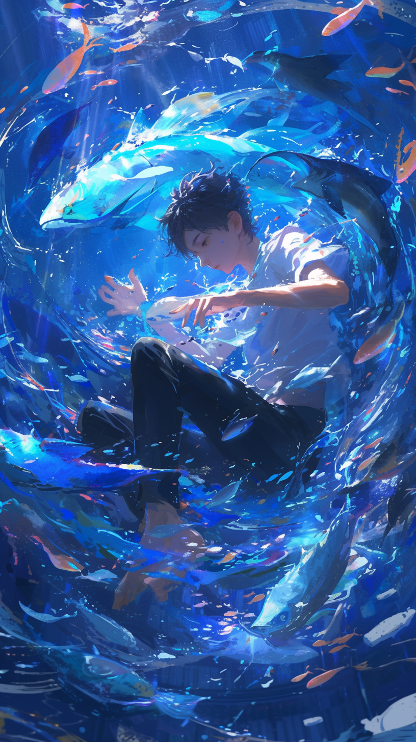 咒语分享：A handsome Asian boy, Curled up in the body, Suspended in the deep ocean, Schools of fish surround you, Beautifully lit, Fantastic Kranin blue, dramatic liqhting, phantasmaliridescent, playing the light and shadow, shiny eyes, Big eyes, anime aesthetic, bayard wu, Masterpiece in excellent quality, intricate details, extreme detail, sharp focu, 2.5D rendering, Depth of field, illustration, cinematic lighting, UHD, high details, best quality --stylize 800 --aspect 9:16 --hd --niji6