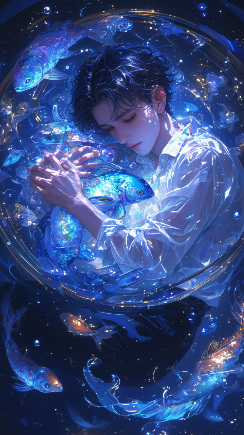 咒语分享：A handsome Asian boy, Curled up in the body, Suspended in the deep ocean, Schools of fish surround you, Beautifully lit, Fantastic Kranin blue, dramatic liqhting, phantasmaliridescent, playing the light and shadow, shiny eyes, Big eyes, anime aesthetic, bayard wu, Masterpiece in excellent quality, intricate details, extreme detail, sharp focu, 2.5D rendering, Depth of field, illustration, cinematic lighting, UHD, high details, best quality --stylize 800 --aspect 9:16 --hd --niji6