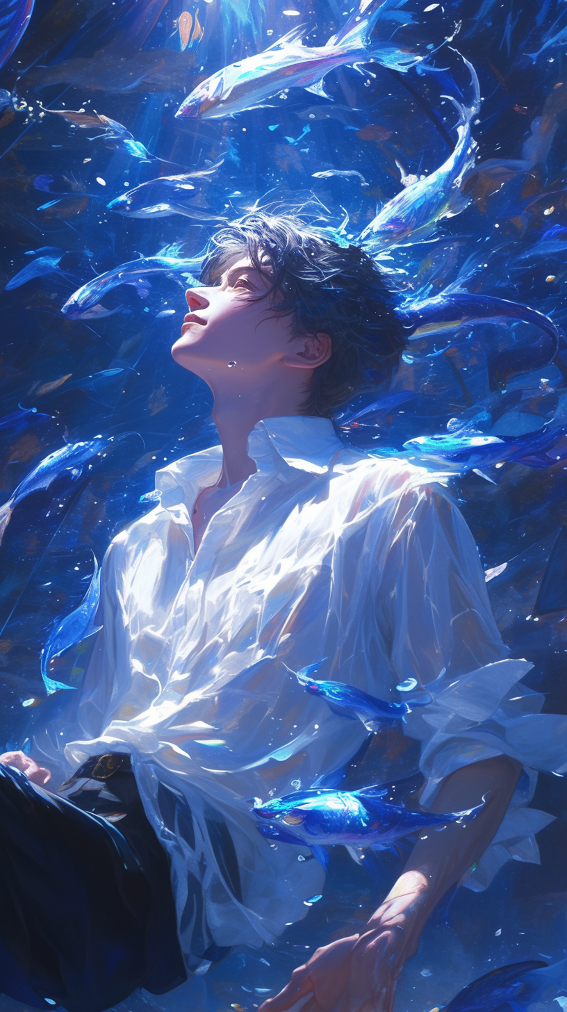 咒语分享：A handsome Asian boy, Curled up in the body, Suspended in the deep ocean, Schools of fish surround you, Beautifully lit, Fantastic Kranin blue, dramatic liqhting, phantasmaliridescent, playing the light and shadow, shiny eyes, Big eyes, anime aesthetic, bayard wu, Masterpiece in excellent quality, intricate details, extreme detail, sharp focu, 2.5D rendering, Depth of field, illustration, cinematic lighting, UHD, high details, best quality --stylize 800 --aspect 9:16 --hd --niji6