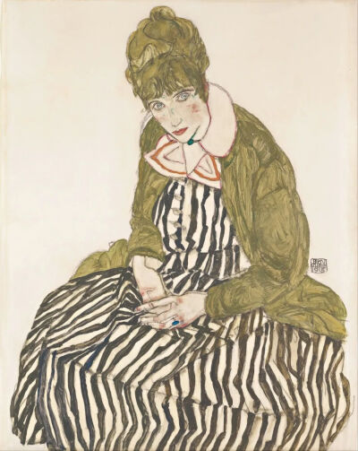 穿条纹连衣裙的伊迪丝·席勒埃贡·席勒
1915 年