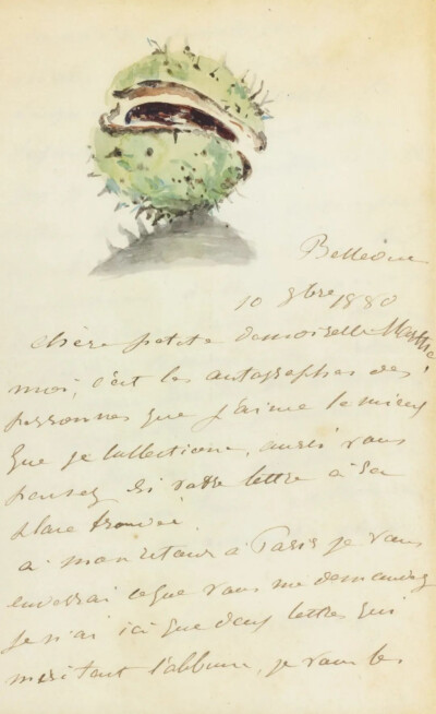 Lettre à Marthe Hoschedé (La châtaigne),1880,Watercolor and pen and ink on paper,20.3x12.4cm